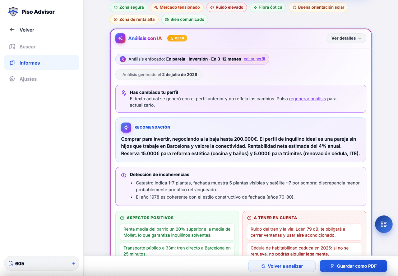 Informe de Piso Advisor en el navegador