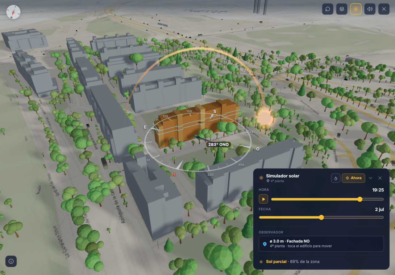 Piso Advisor abierto en el navegador: visor 3D del entorno de la vivienda con simulador solar