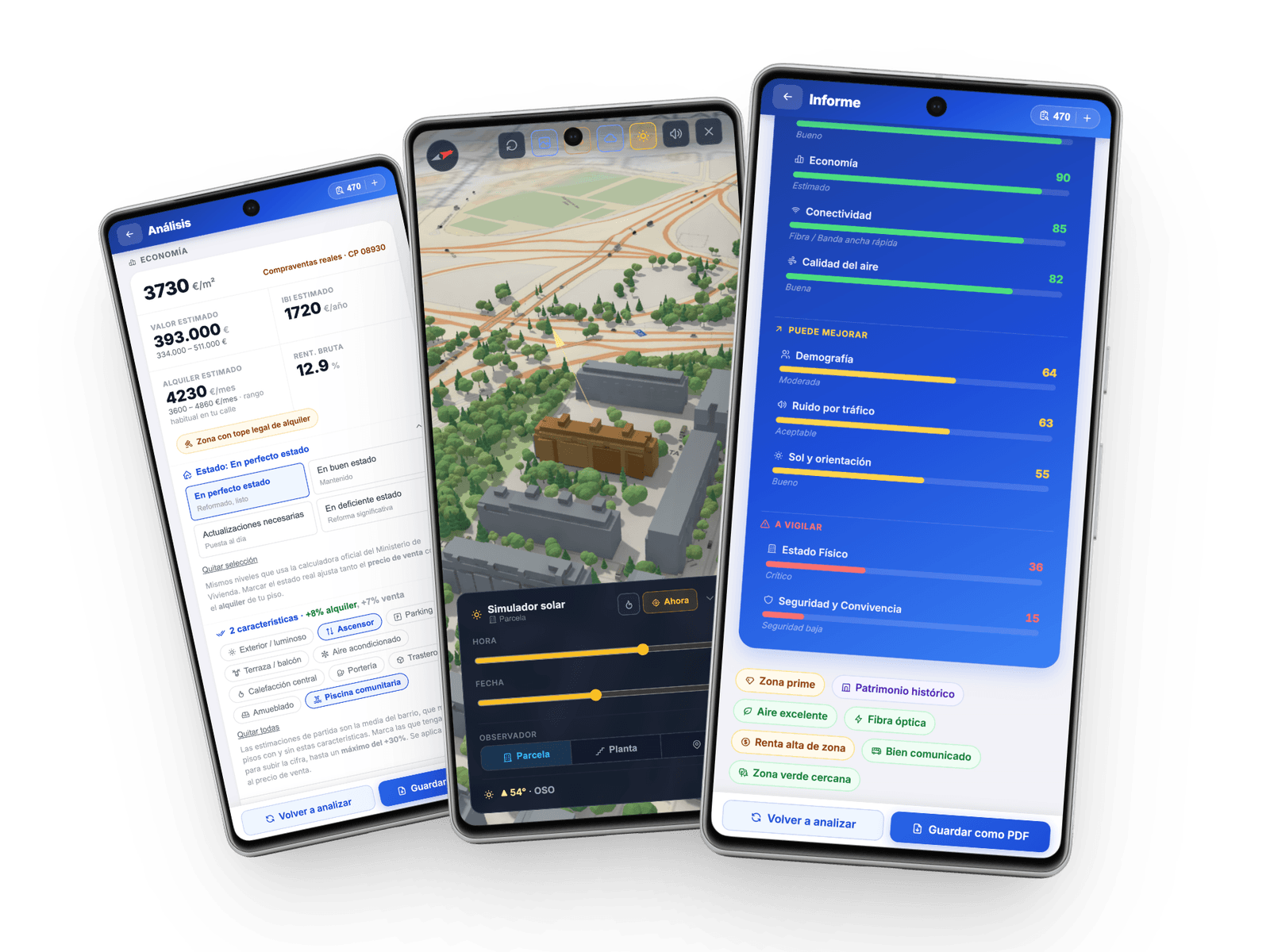 Tres capturas de la app Piso Advisor: análisis catastral, visor 3D del entorno e informe con puntuaciones por área